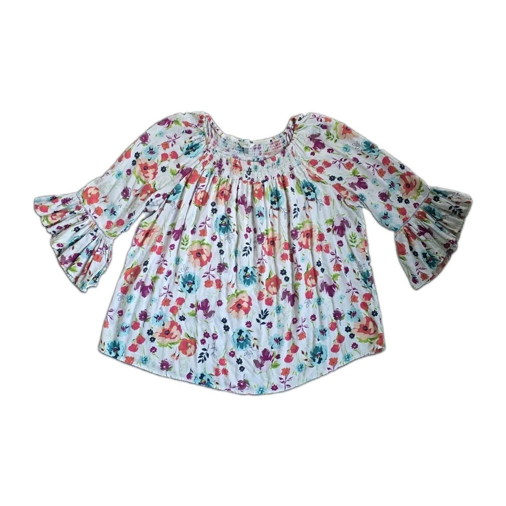 Terra Sky Floral Colorful Ruffle Sleeve Peasant Blouse Plus Size 1X Cottagecore